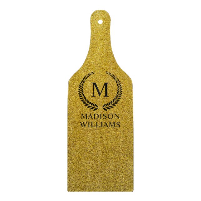Custom Golden Black and Gold Glitter Monogram Cutting Board (Front)