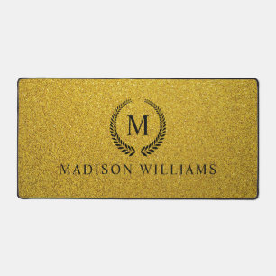 Custom Golden Black and Gold Glitter Monogram Desk Mat