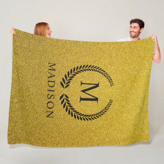 Custom Golden Black and Gold Glitter Monogram Fleece Blanket