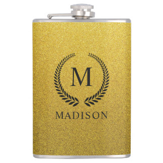 Custom Golden Black and Gold Glitter Monogram Hip Flask
