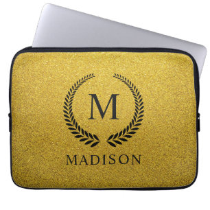 Custom Golden Black and Gold Glitter Monogram Laptop Sleeve