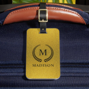 Custom Golden Black and Gold Glitter Monogram Luggage Tag