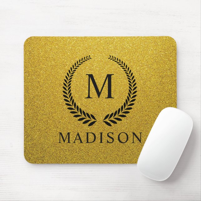 Custom Golden Black and Gold Glitter Monogram  Mouse Mat (With Mouse)