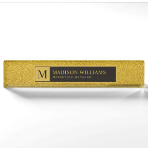 Custom Golden Black and Gold Glitter Monogram Nameplate