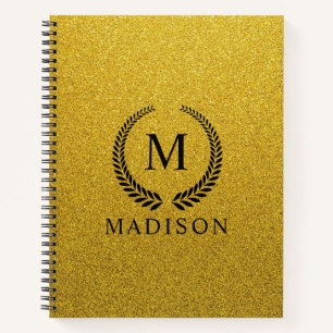Custom Golden Black and Gold Glitter Monogram Notebook