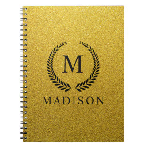 Custom Golden Black and Gold Glitter Monogram  Notebook