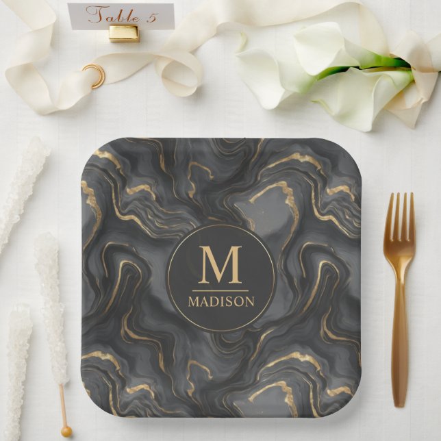 Custom Golden Black and Gold Glitter Monogram  Paper Plate (Wedding)