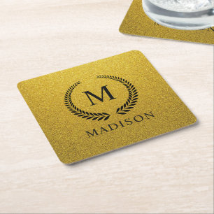 Custom Golden Black and Gold Glitter Monogram Square Paper Coaster