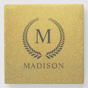 Custom Golden Black and Gold Glitter Monogram Stone Coaster