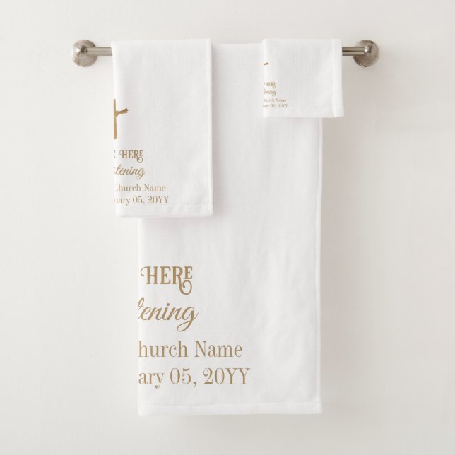Custom Golden Cross Religious Christening, Baptism Bath Towel Set (Insitu)