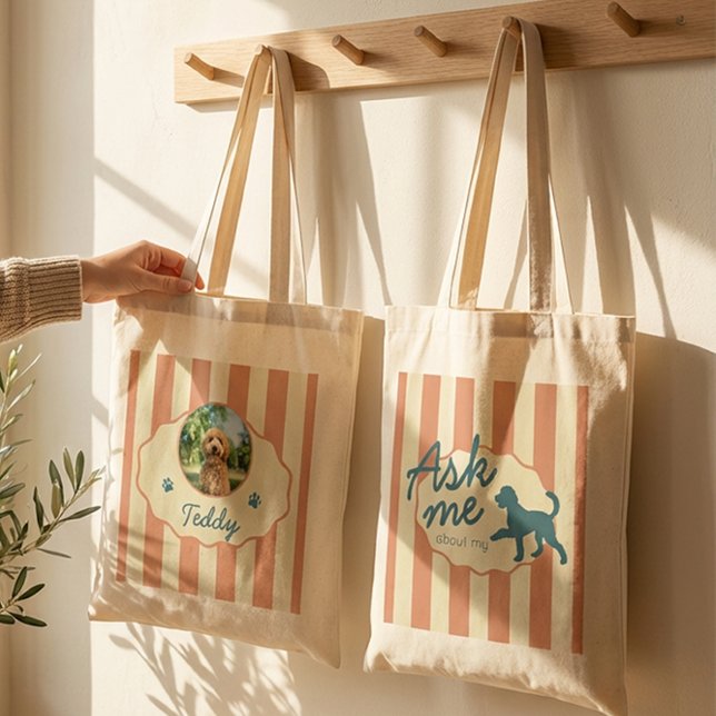 Custom Golden Doodle Photo Name Terracotta Stripes Tote Bag (Creator Uploaded)