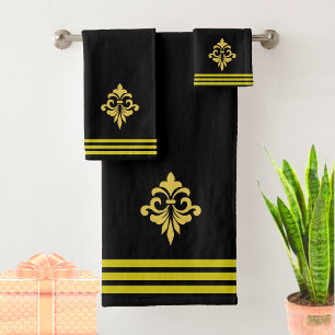 Custom Golden Fleur de Lis, Three Stripes on Black Bath Towel Set