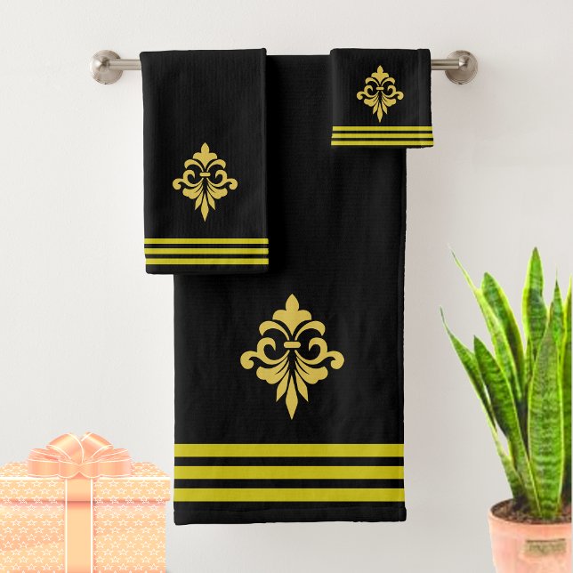 Custom Golden Fleur de Lis, Three Stripes on Black Bath Towel Set (Creator Uploaded)