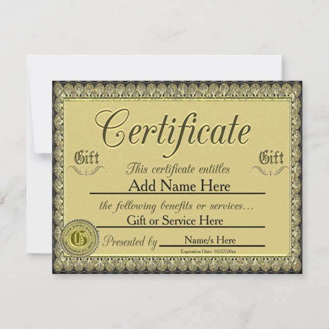 Custom Golden Gift Certificate for Invitations (Front)