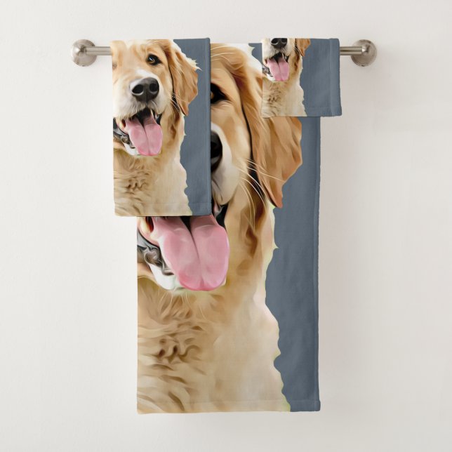 Custom Golden Retriever Dog Personalised Drawn Bath Towel Set (Insitu)
