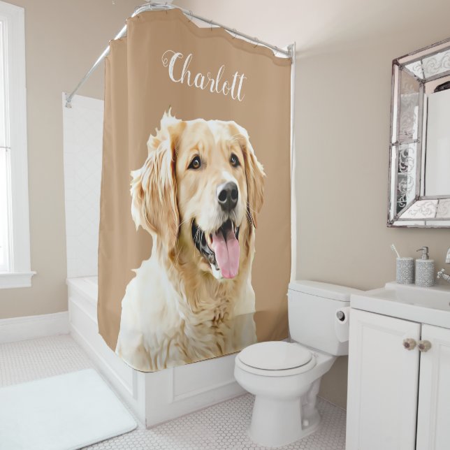 Custom Golden Retriever Dog Personalised Drawn Shower Curtain (In Situ)