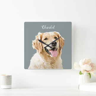 Custom Golden Retriever Dog Personalised Drawn Square Wall Clock