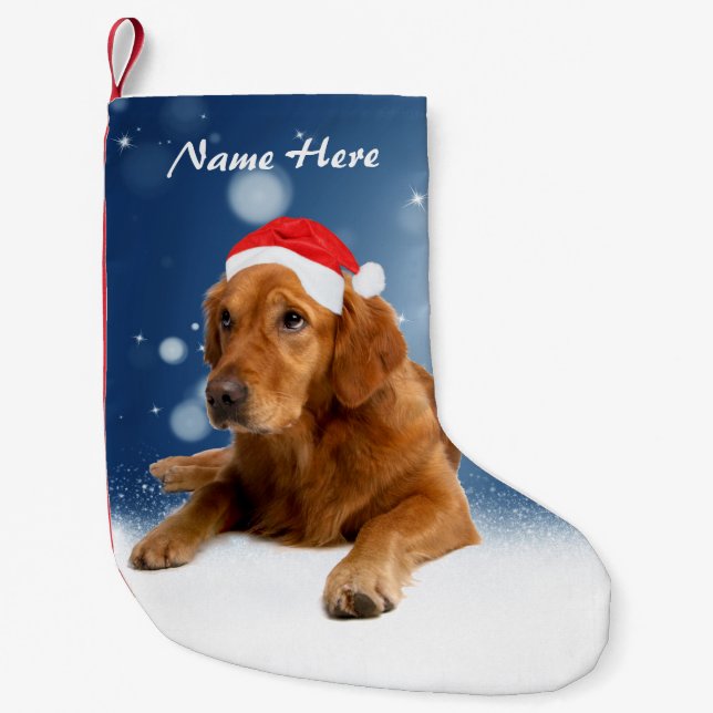 Custom Golden Retriever Dog Snow Stars Blue sky Small Christmas Stocking (Front)