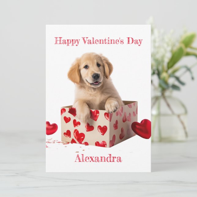 Custom Golden Retriever Hearts Box Valentine Holiday Card (Standing Front)