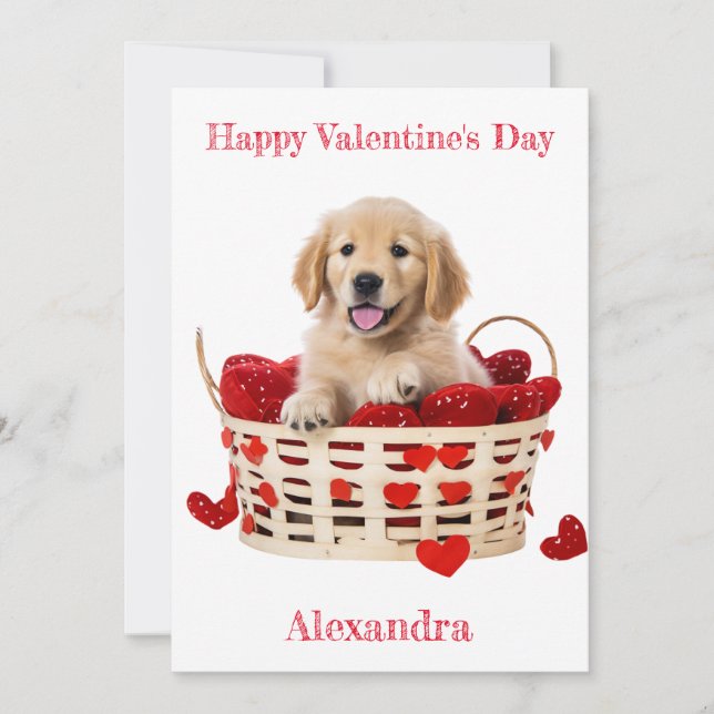 Custom Golden Retriever Puppy Red Hearts Valentine Holiday Card (Front)