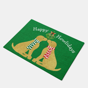 Custom Golden Retrievers Mistletoe Green Burlap Doormat
