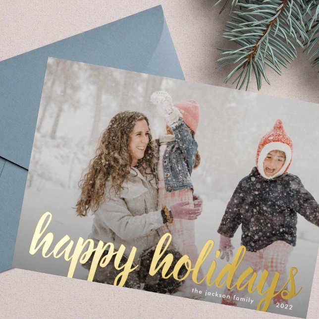 Custom Golden Script Christmas Photo Happy Foil Holiday Card (Creator Uploaded)