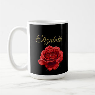 Custom Golden Script Elegant Red Rose Personalized Coffee Mug