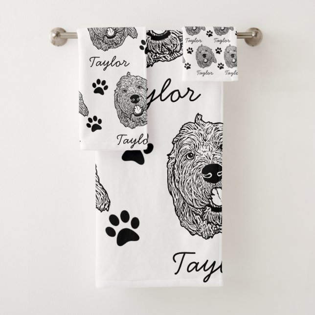 Custom Goldendoodle Dog Personalised Drawing Bath Towel Set (Insitu)