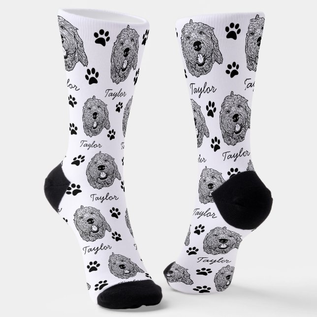 Custom Goldendoodle Dog Personalised Drawing Socks (Angled)