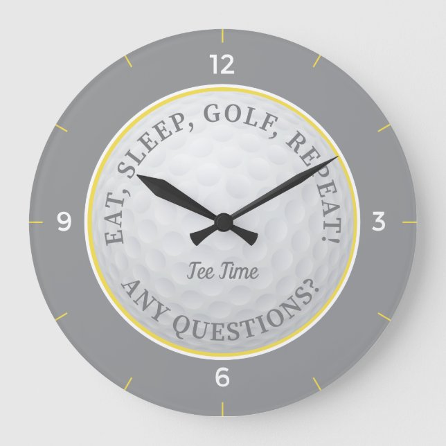Custom Golf Ball Sports Golfer Quote Grey & Yellow Large Clock (Front)