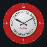 Custom Golf Ball Sports Quote Golfer Red Black Large Clock<br><div class="desc">Design features a custom golf template that allows for personalisation of this cute idea for the avid golfer. Use the template to Keep "Tee Time" or add your own custom name or personalised text up to 17 characters! A realistic image of a golf ball is in the centre of a...</div>