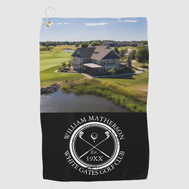 Custom Golf Club Name And Photo Black And White Towel (Front)