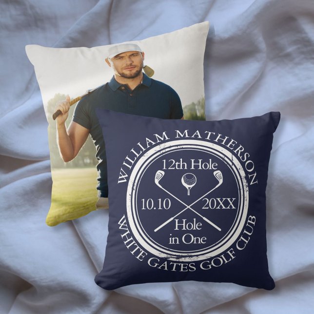 Custom Golf Hole in One Photo Navy Blue Cushion (Custom Golf Hole in One Photo Navy Blue Throw Pillow)