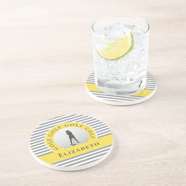 Custom Golfer Monogrammed Name Grey Yellow Chic Co Coaster (Side)