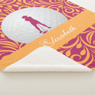 Custom Golfer Pink Orange Golf Silhouette Pattern Sherpa Blanket