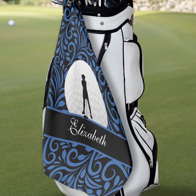 Custom Golfer Silhouette Chic Black Blue Pattern Golf Towel (Creator Uploaded)