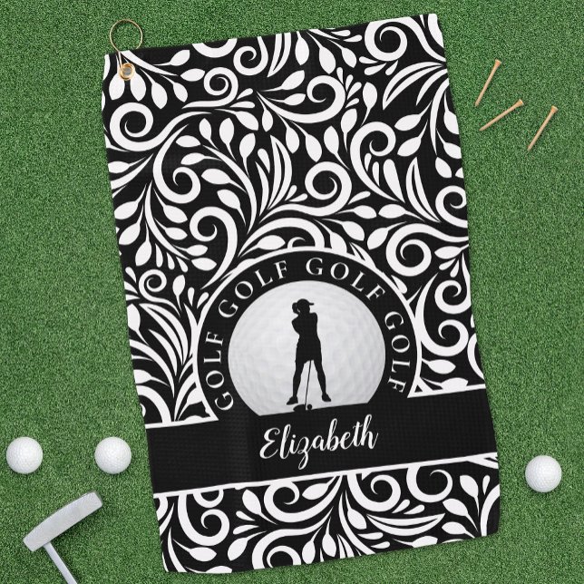 Custom Golfer Silhouette Chic Pattern Black White Golf Towel (Creator Uploaded)