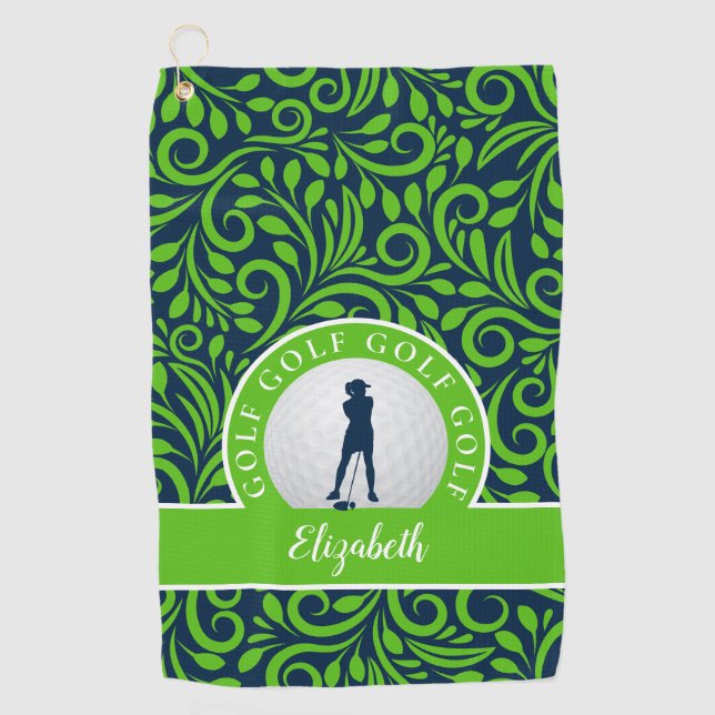 Custom Golfer Silhouette Pattern Blue & Green Chic Golf Towel (Front)