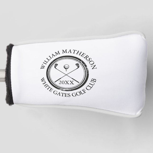 Custom Golfers And Club Date Black and White Golf Head Cover (Front)