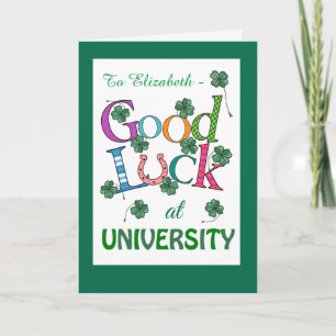 Custom Good Luck at University Four-leaf Clover Card