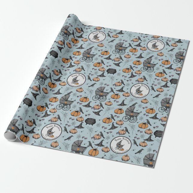 Custom Goth Blue Baby Carriage Halloween Wrapping Paper (Unrolled)