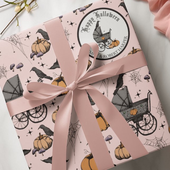 Custom Goth Pink Baby Carriage Halloween Wrapping Paper (Elegant yet spooky Personalized Halloween Baby, New Mother, Expecting Mother Wrapping Paper in Pink.)