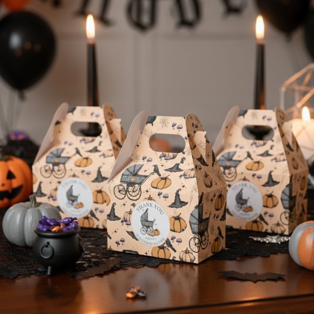 Custom Goth Victorian Baby Carriage Halloween Favour Box (Cute Gothic Halloween Baby Shower Favor Boxes in Orange. Spooky Vintage Baby Carriage Pumpkins Bats)