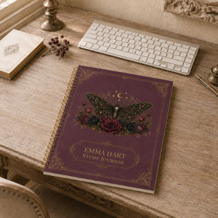 Custom Gothic Moth Burgundy Roses Dark Academia Notebook