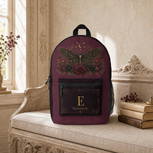Custom Gothic Moth Burgundy Roses Dark Academia Printed Backpack