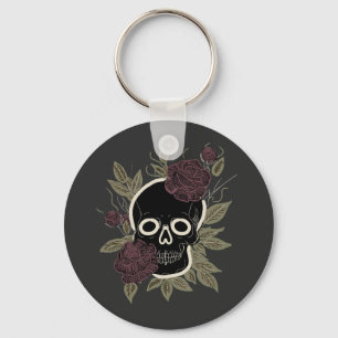 Custom Gothic Skull and Roses Dark Floral Art Key Ring