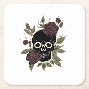 Custom Gothic Skull and Roses Dark Floral Art Square Paper Coaster