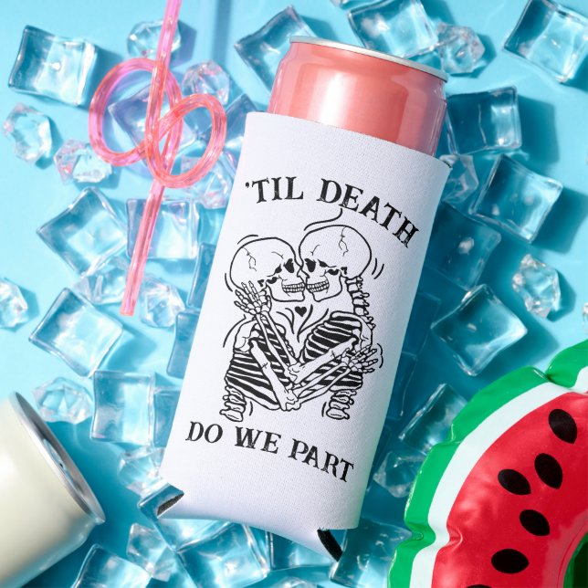 Custom Gothic Wedding Til Death Do Us Part Beer Seltzer Can Cooler (In Situ Summer)