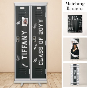 Custom Grad Locker Banner, Graduation Black White Retractable Banner