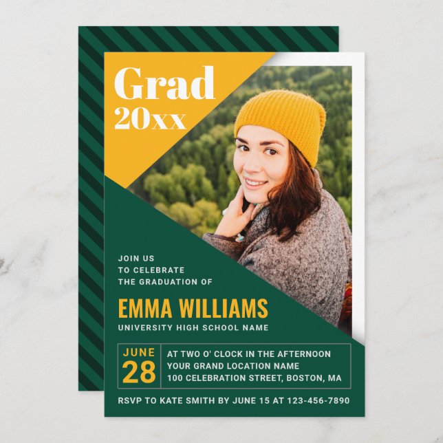 Custom Grad Modern Green Yellow | Photo Graduation Invitation (Front/Back)